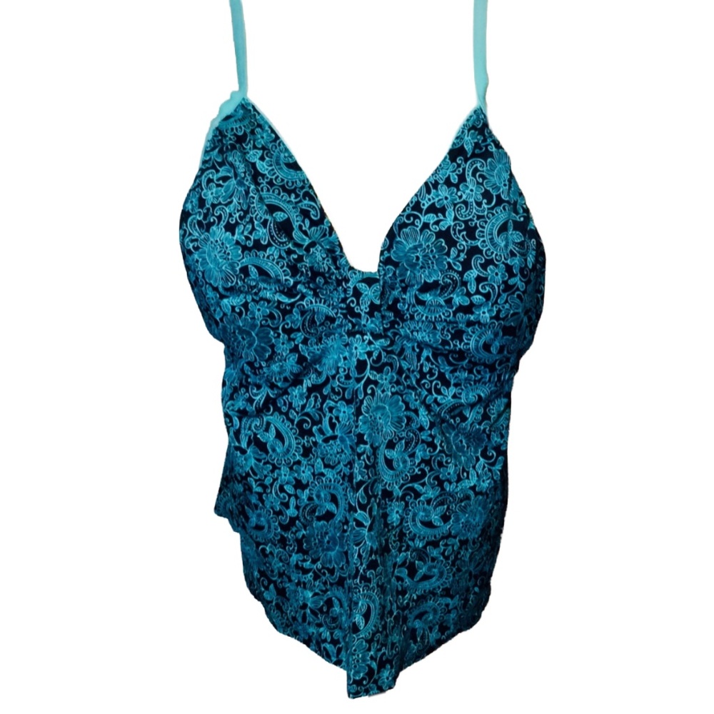 It Figures! Lady Swim Tankini Top Size 32W Padded Floral Paisley Black Teal